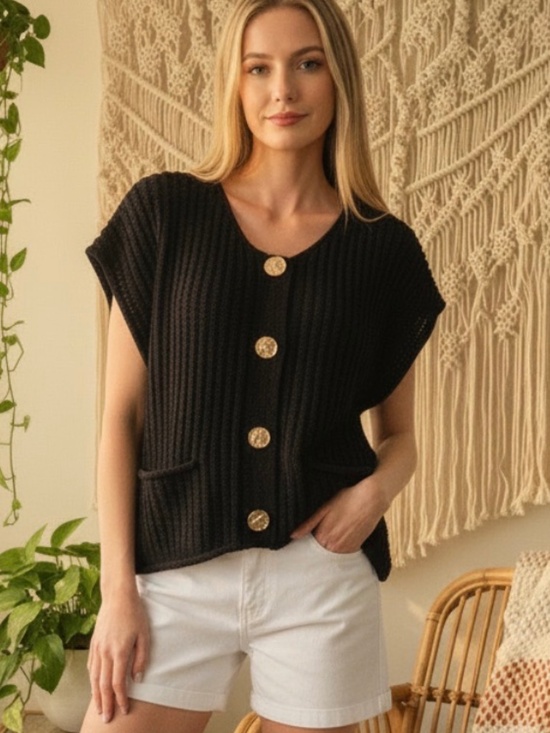 Zenana Outfitters Jackets & Blazers - Cozy Black Ribbed Button Detail Sweater Vest